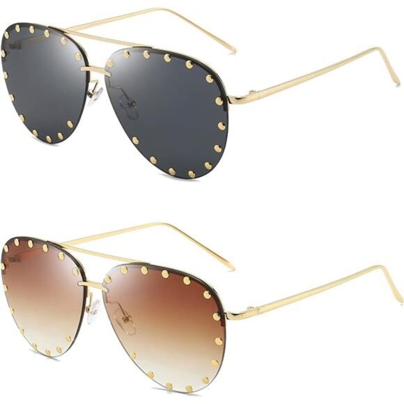Women's Fashion Studded Aviator Sunglasses Metal Frame UV 400